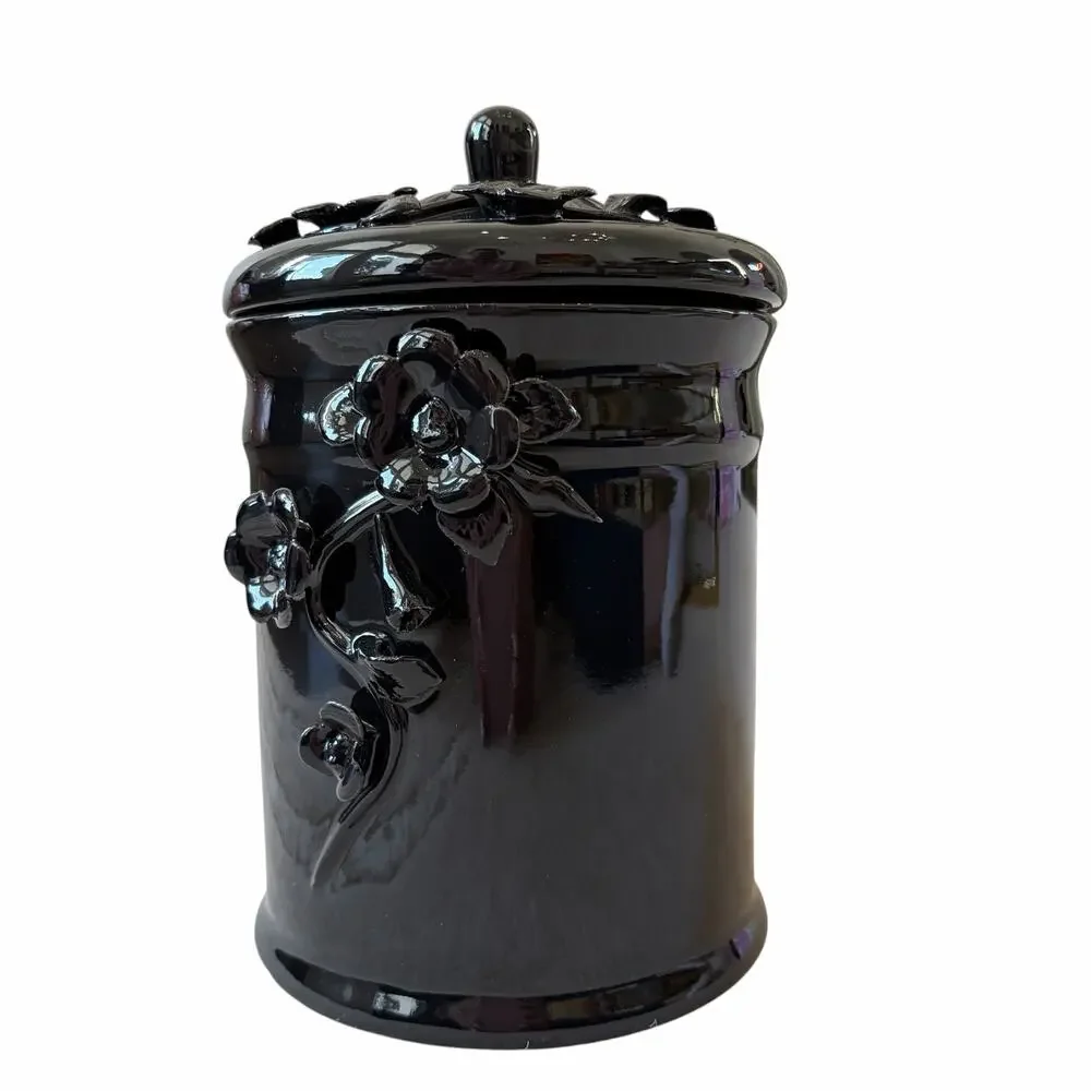 Potters Studio Black 3D Floral Canister w/ Lid 8.5in Halloween Cookie Jar NEW